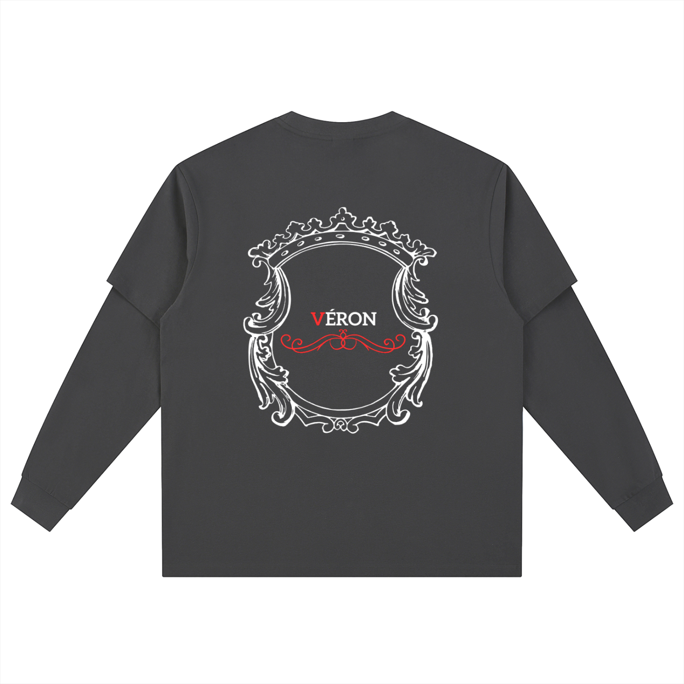 Black sweatshirt with decorative emblem and 'VERON' text on the back against a white background