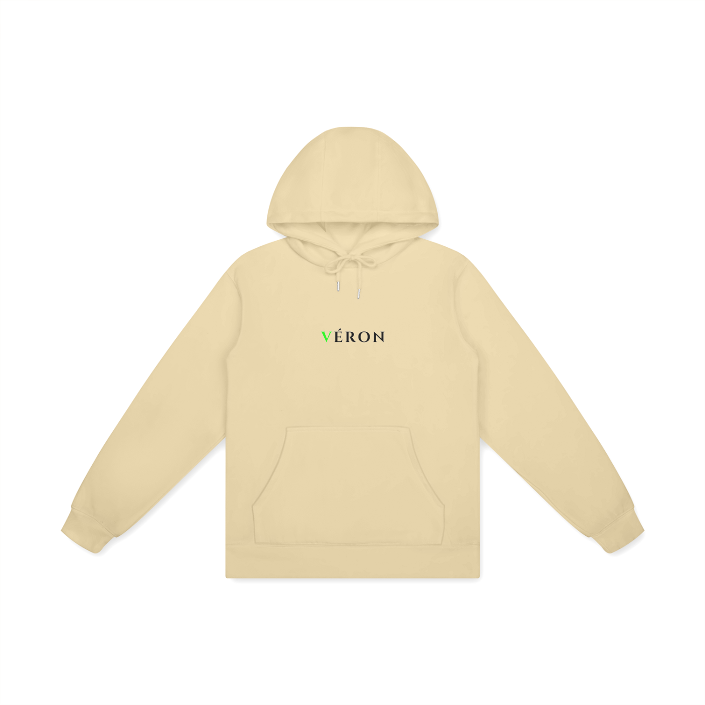Beige hoodie with 'VERON' logo on a white background