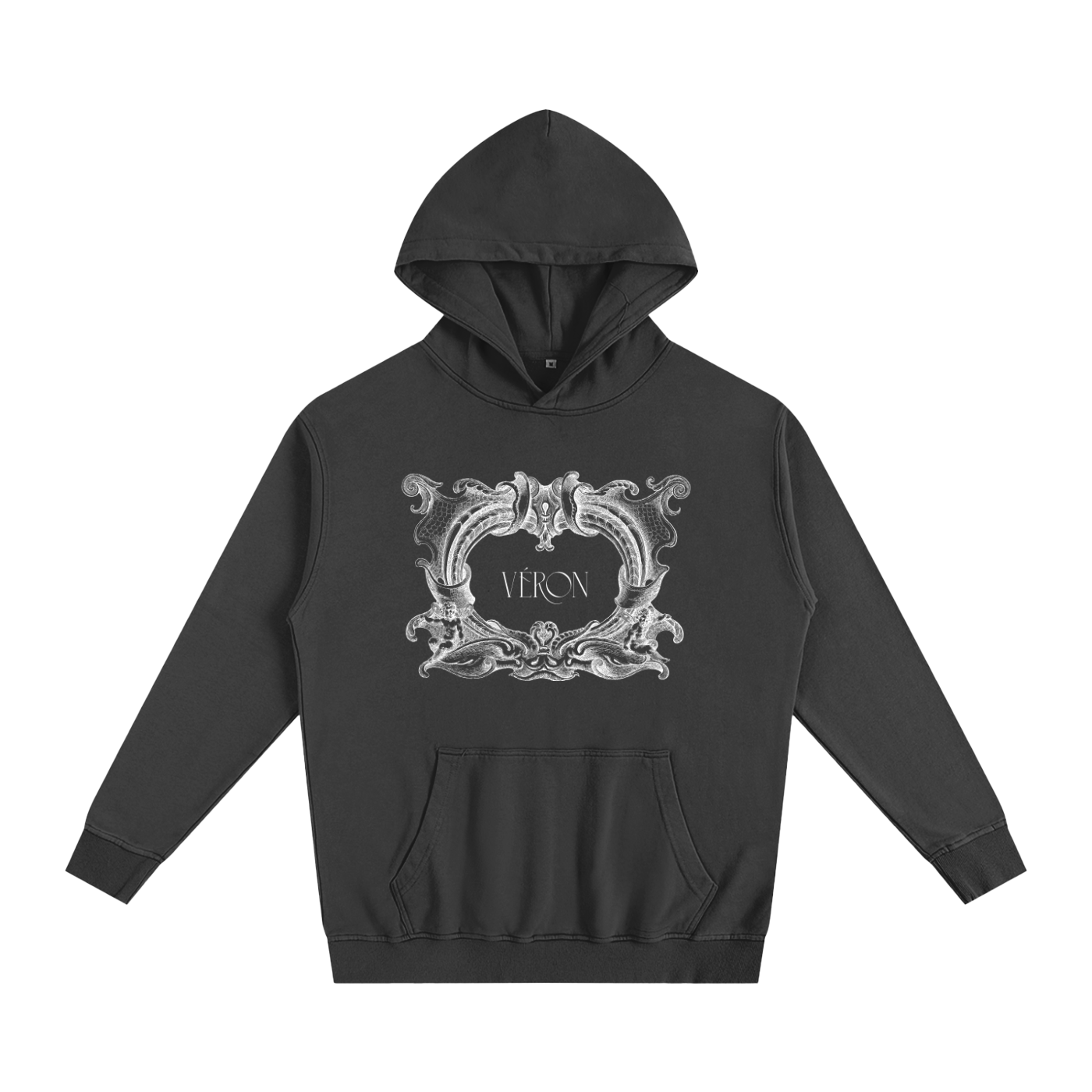 Black hoodie with decorative emblem and 'VERON' text on a white background