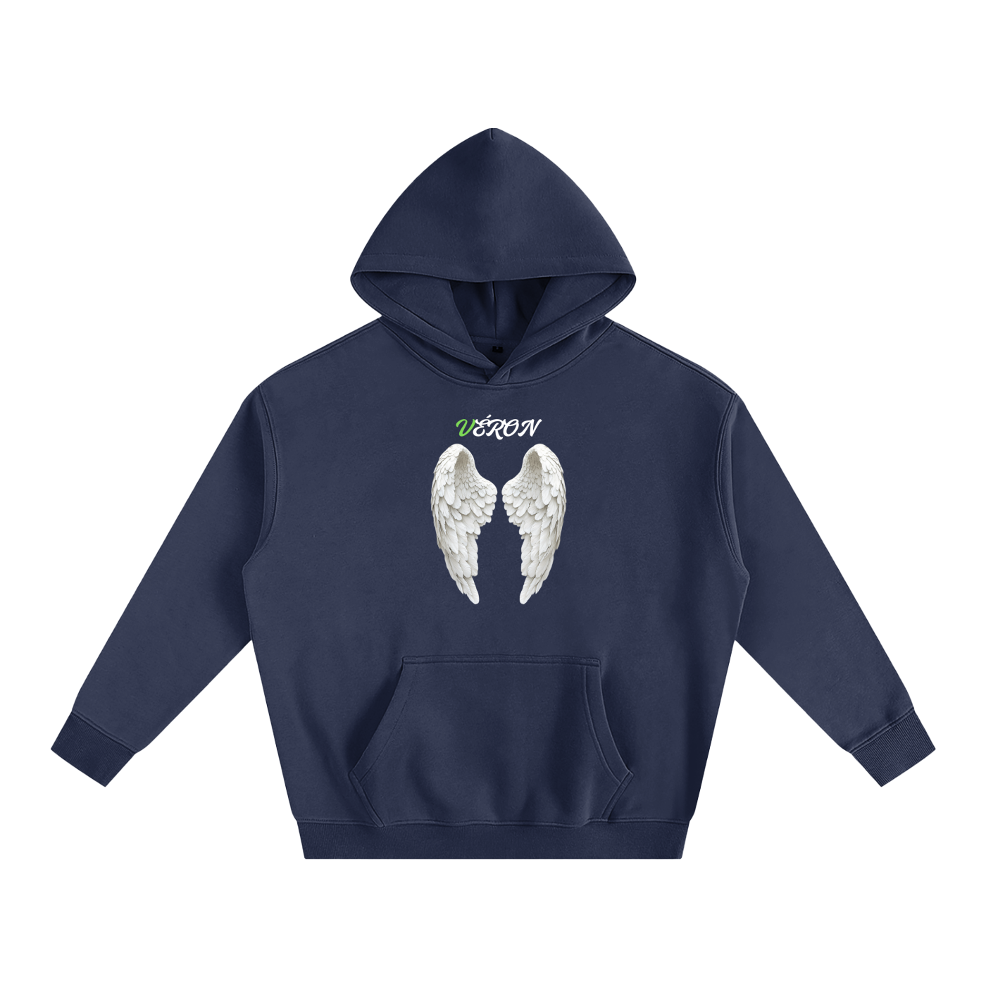 Navy blue hoodie with angel wings and text on a white background