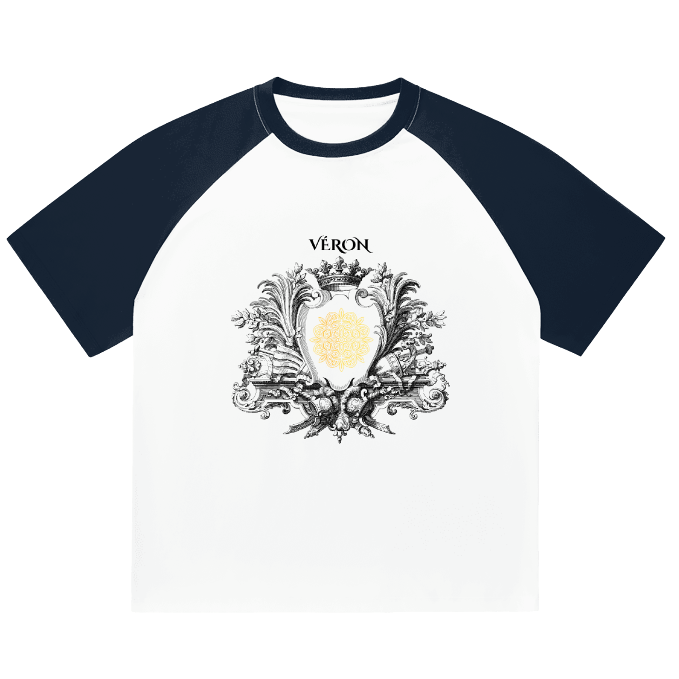 Navy and white T-shirt with decorative emblem and 'Véron' text on a white background
