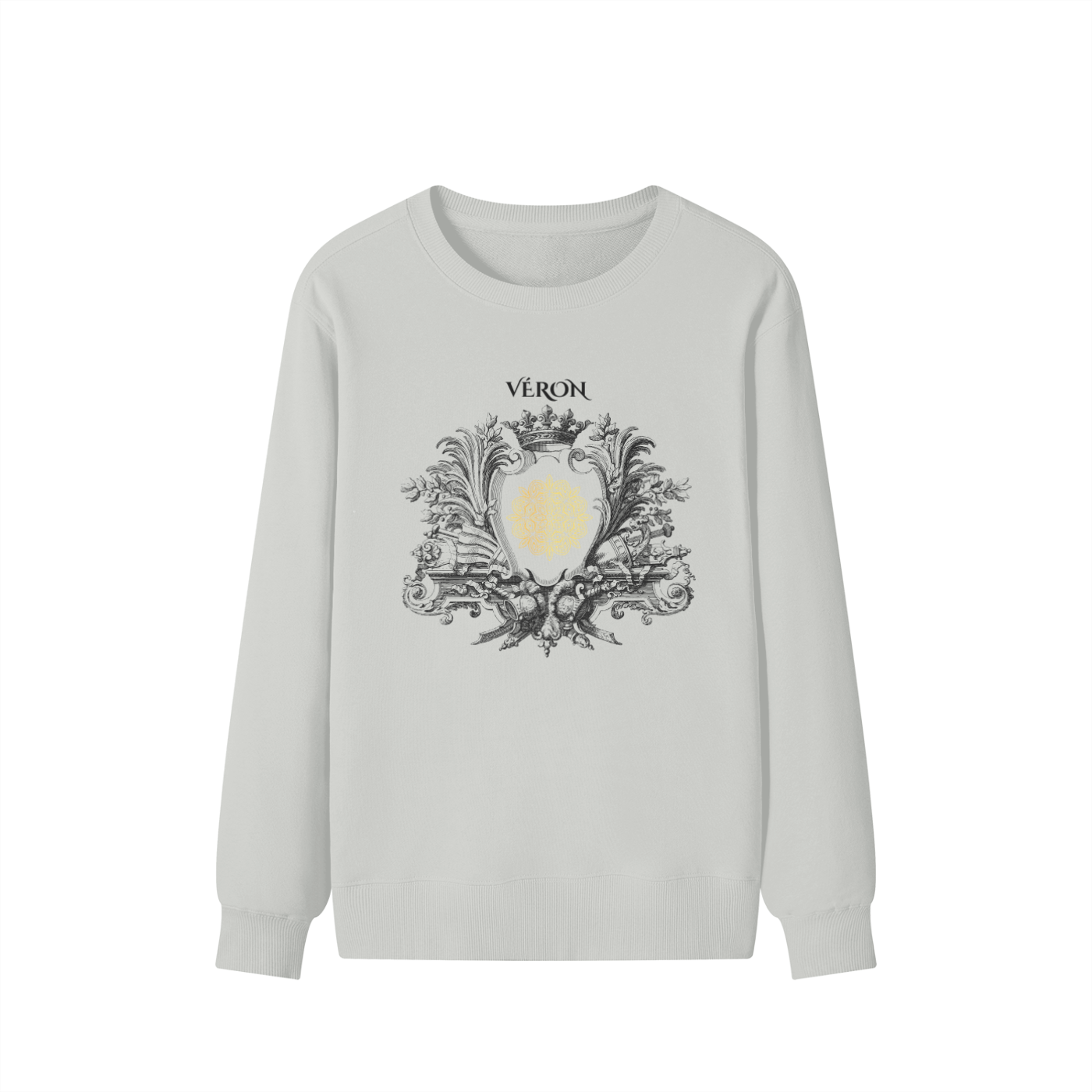 Gray sweatshirt with decorative design and 'Véron' text on a white background