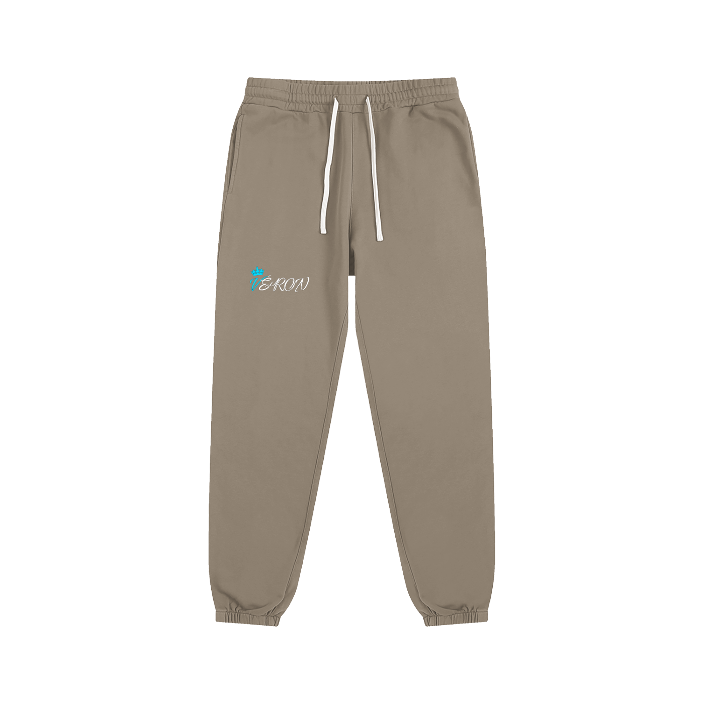 Beige sweatpants with a logo on a white background.