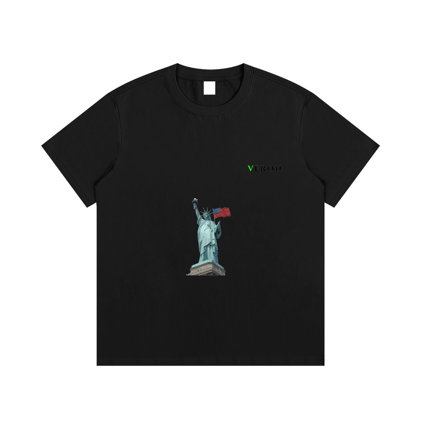 Black t-shirt with Statue of Liberty graphic on a white background