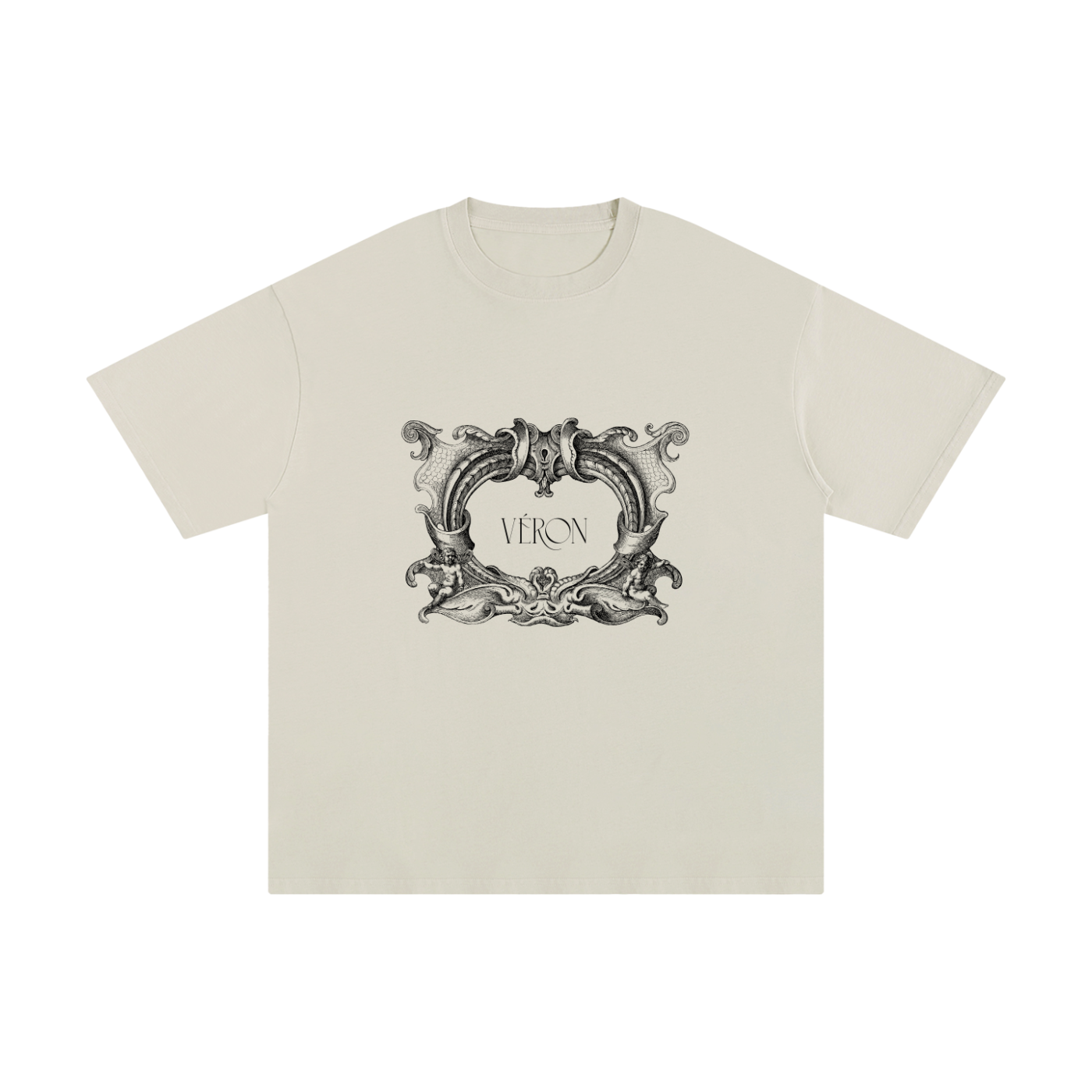 Beige t-shirt with decorative black graphic and 'VERON' text on a white background