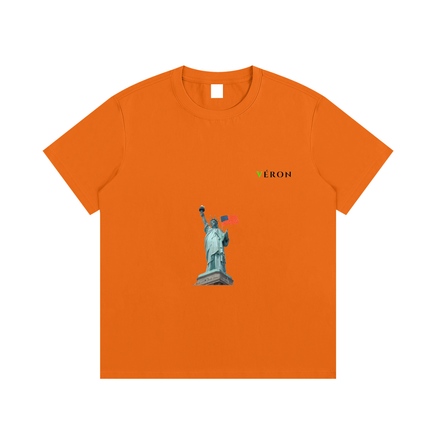 VÉRON Statue de la Liberté unisex streetwear t-shirt front view in Orange.