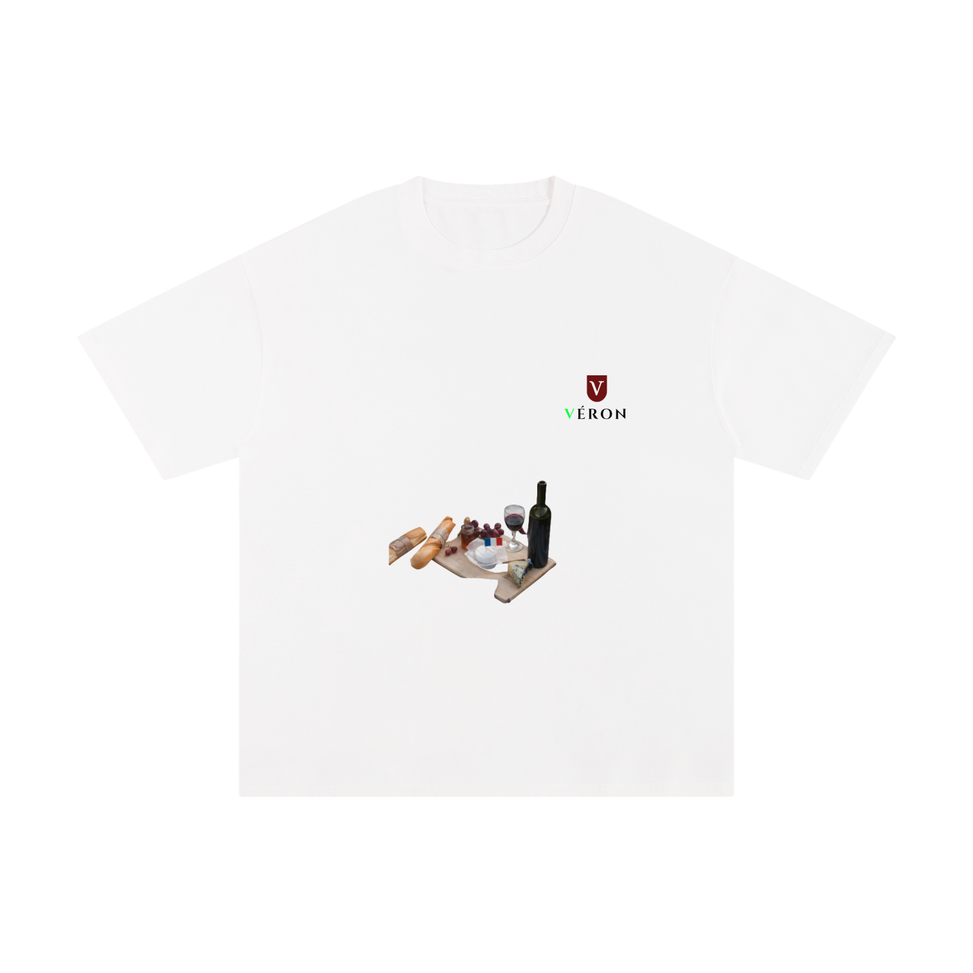 White t-shirt with a graphic of a picnic scene and 'VERON' branding on a white background