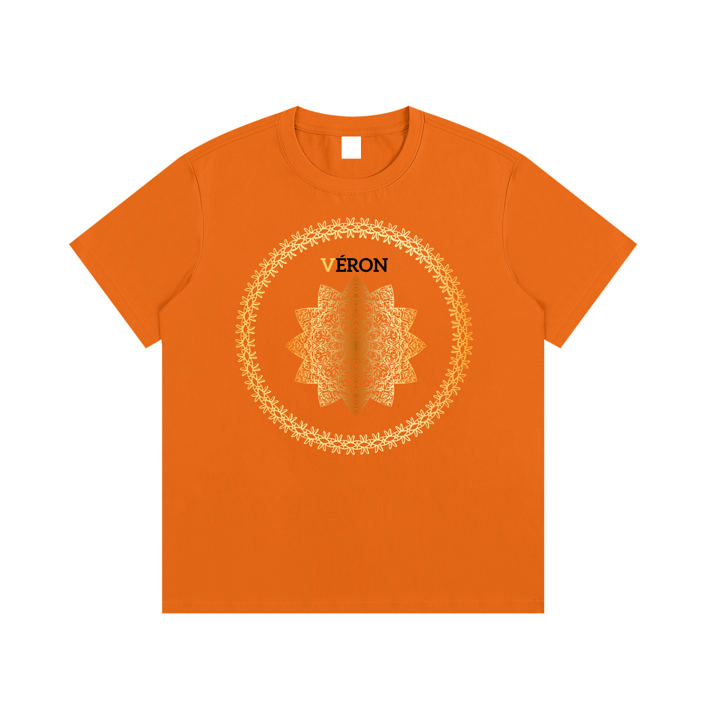 Orange t-shirt with a central design and 'VERON' branding on a white background