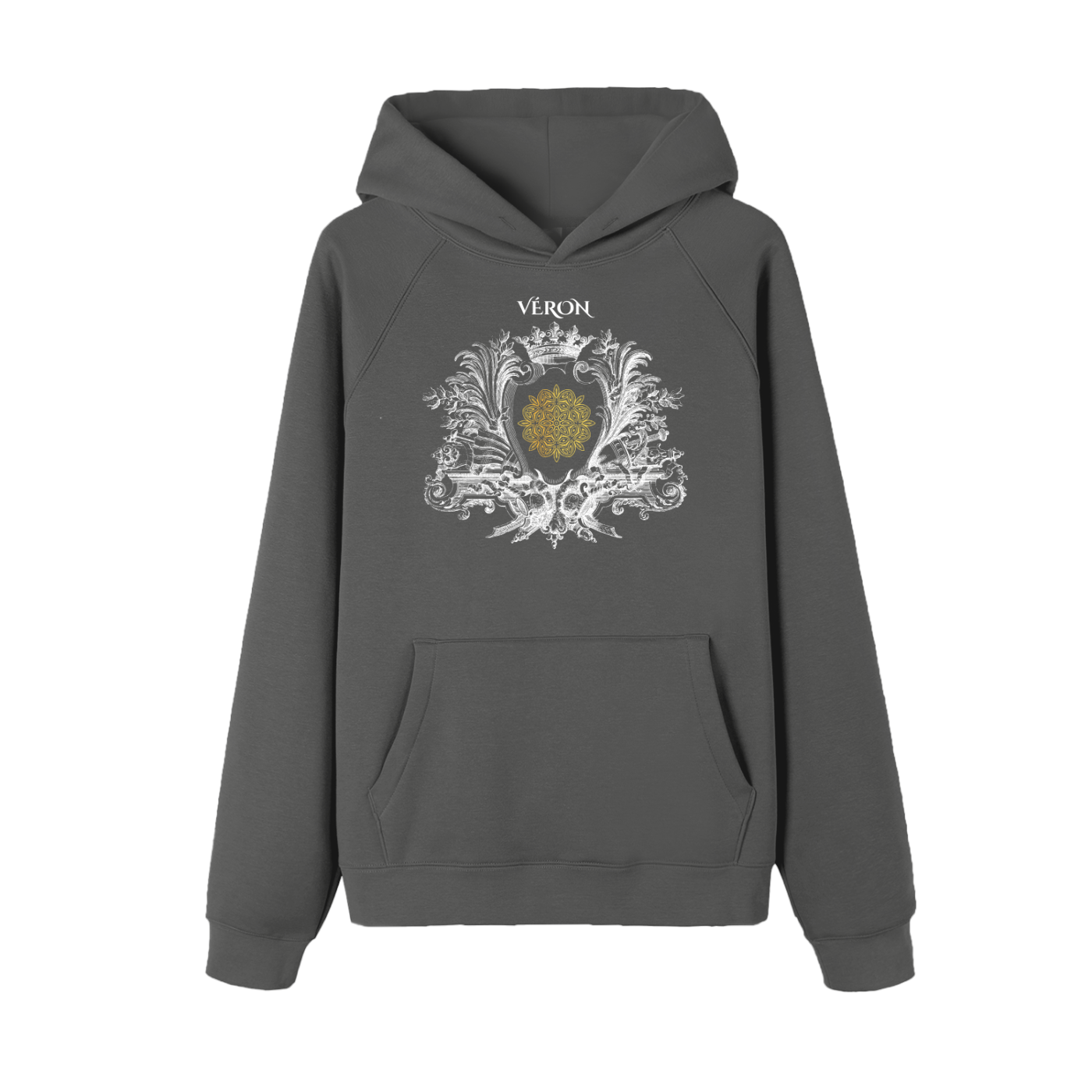 Gray hoodie with decorative design and 'VERON' text on a white background