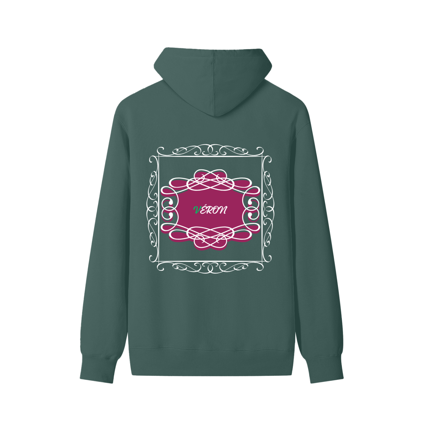 VERON Green hoodie with pink and white design on the back
