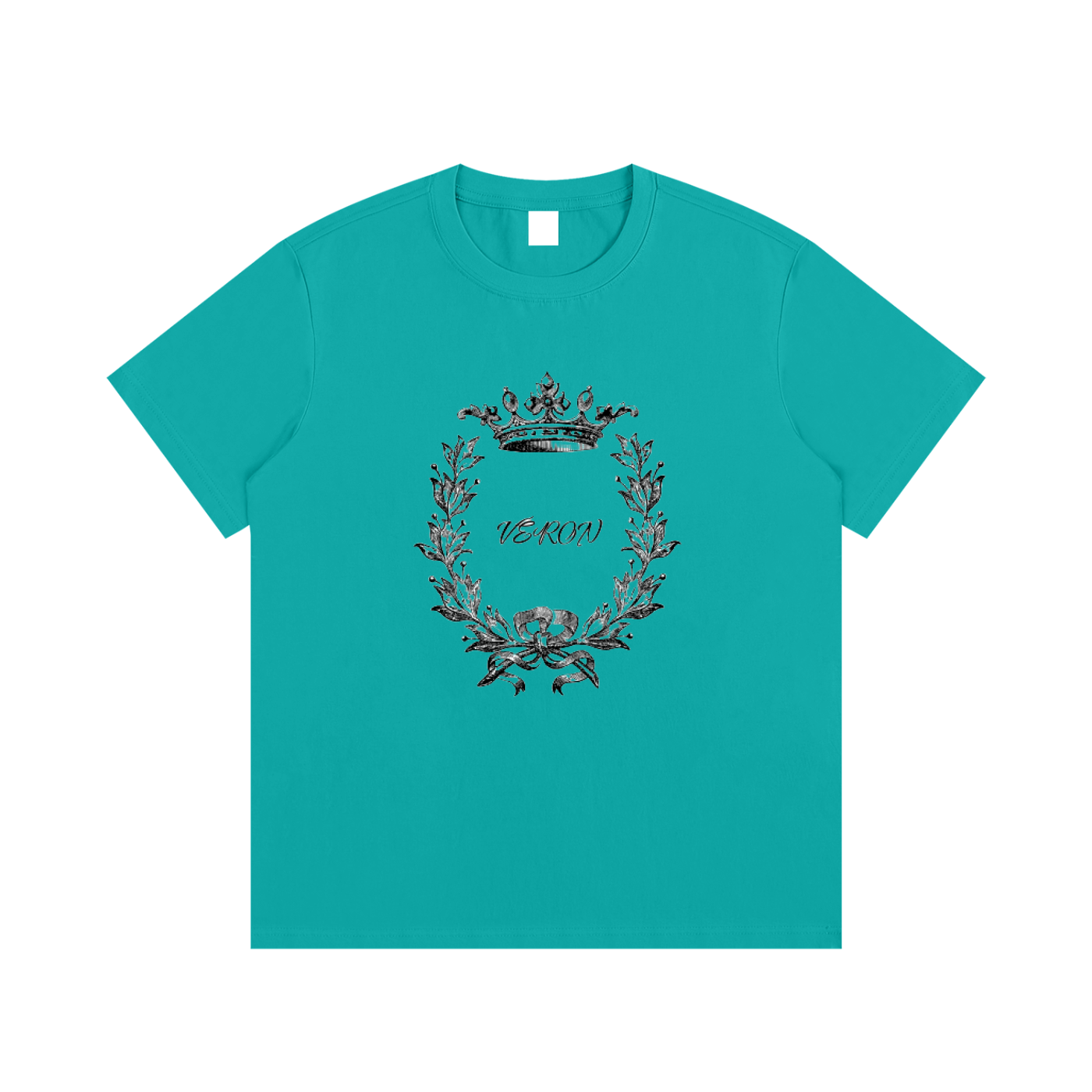 VERON Teal t-shirt with a decorative emblem and text on a white background