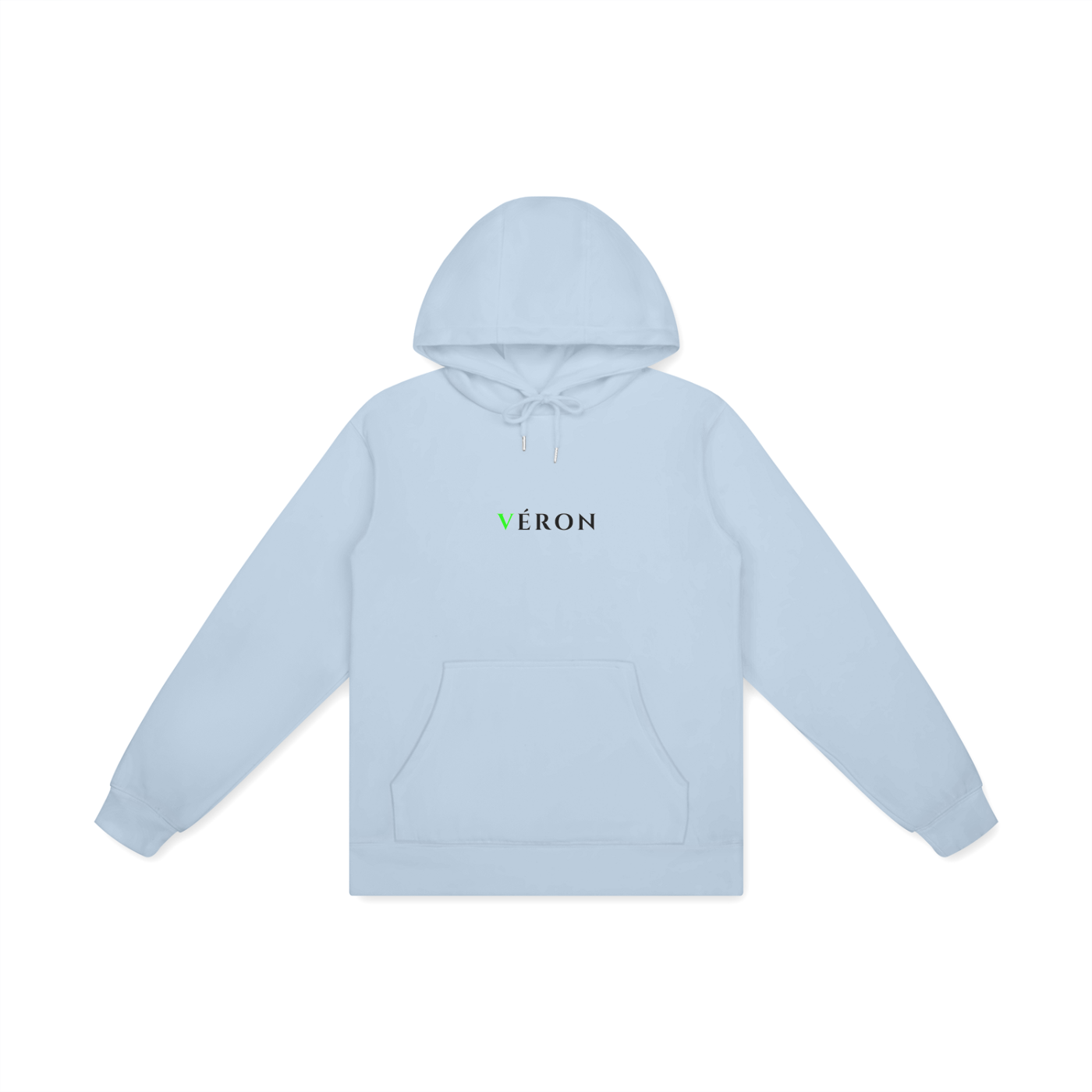 Light blue hoodie with 'VERON' logo on a white background