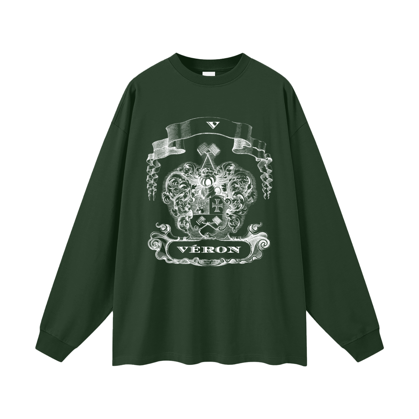 Green long-sleeve shirt with white emblem and 'VERON' text on a white background