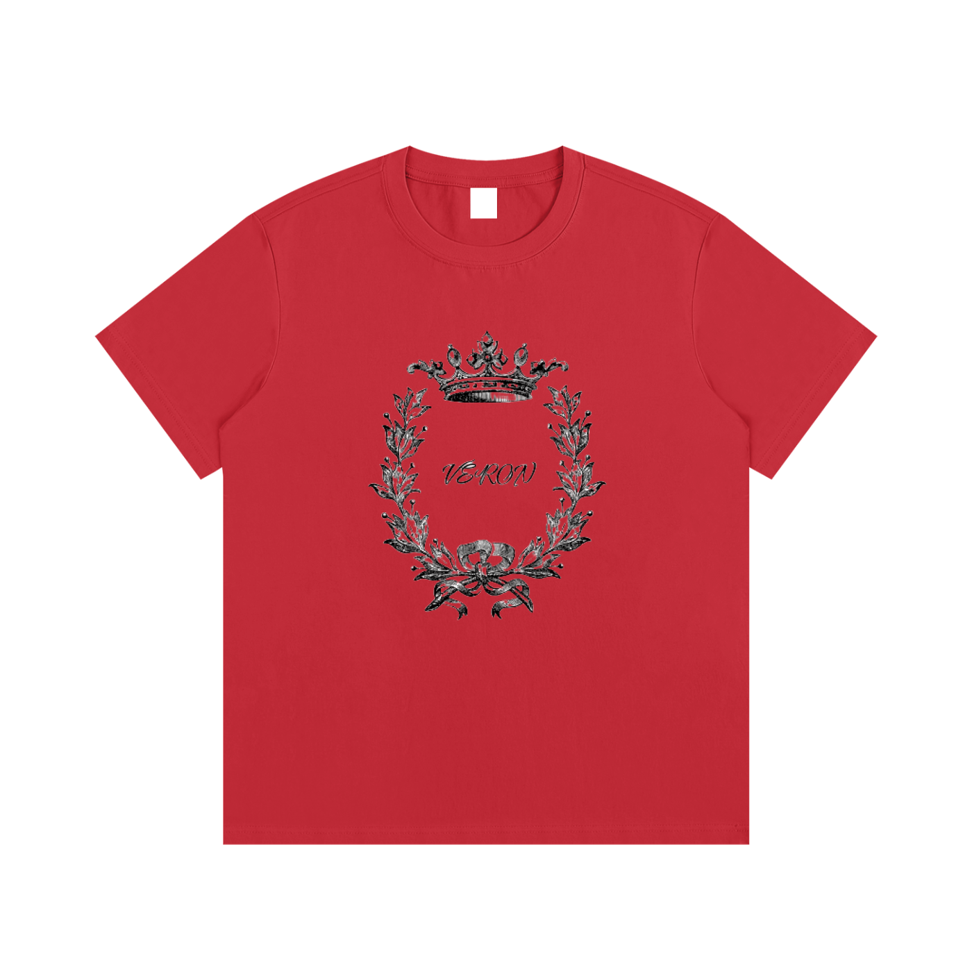 VERON Red t-shirt with a black graphic design on a white background