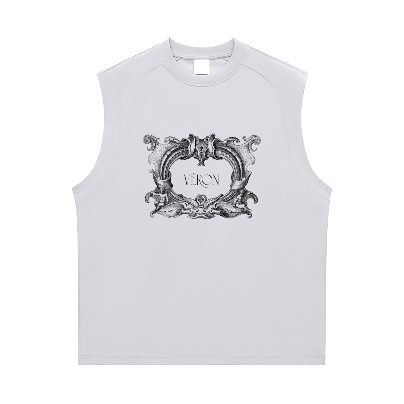 White sleeveless shirt with decorative black design and 'VERON' text on a white background