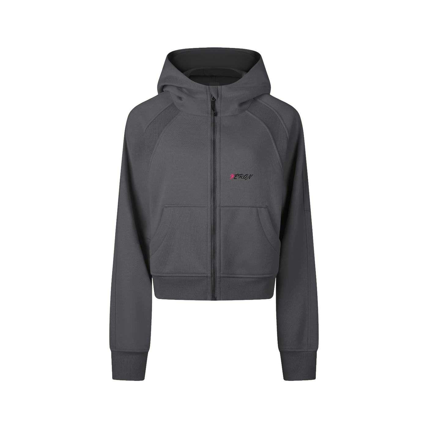 Gray hoodie with a brand logo on a white background