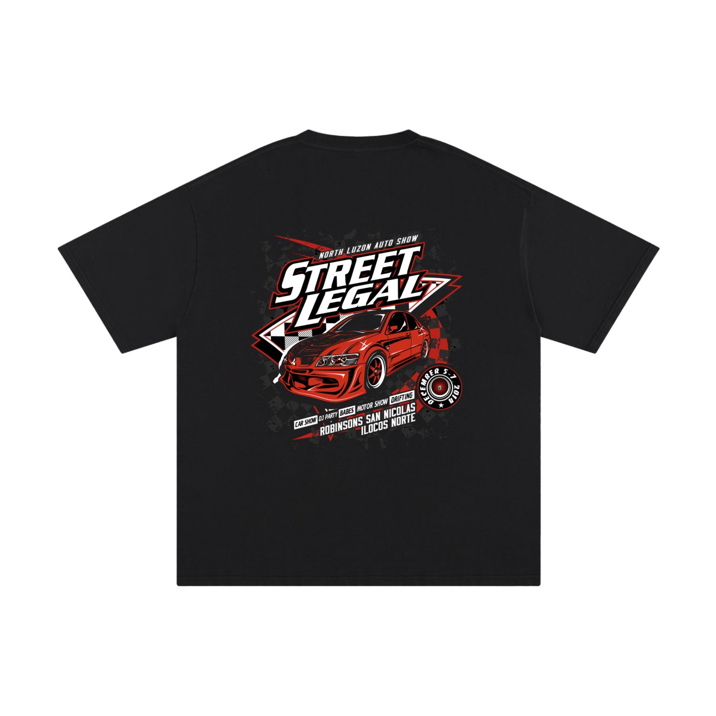 Black t-shirt with 'Street Legal' graphic design featuring a red car on a white background