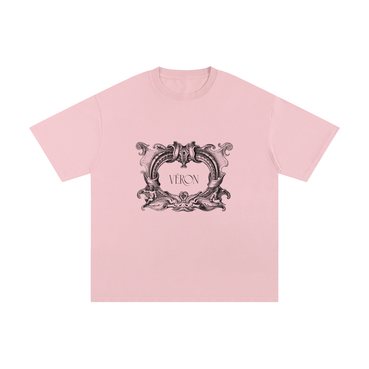 Pink t-shirt with decorative black logo and 'VERON' text on a white background