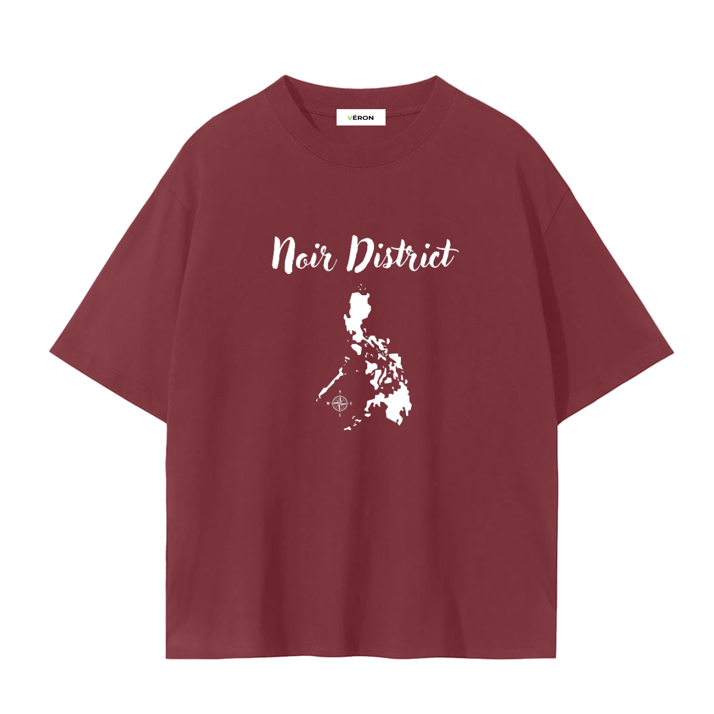 Maroon t-shirt with 'Noir District' text and map design on a white background