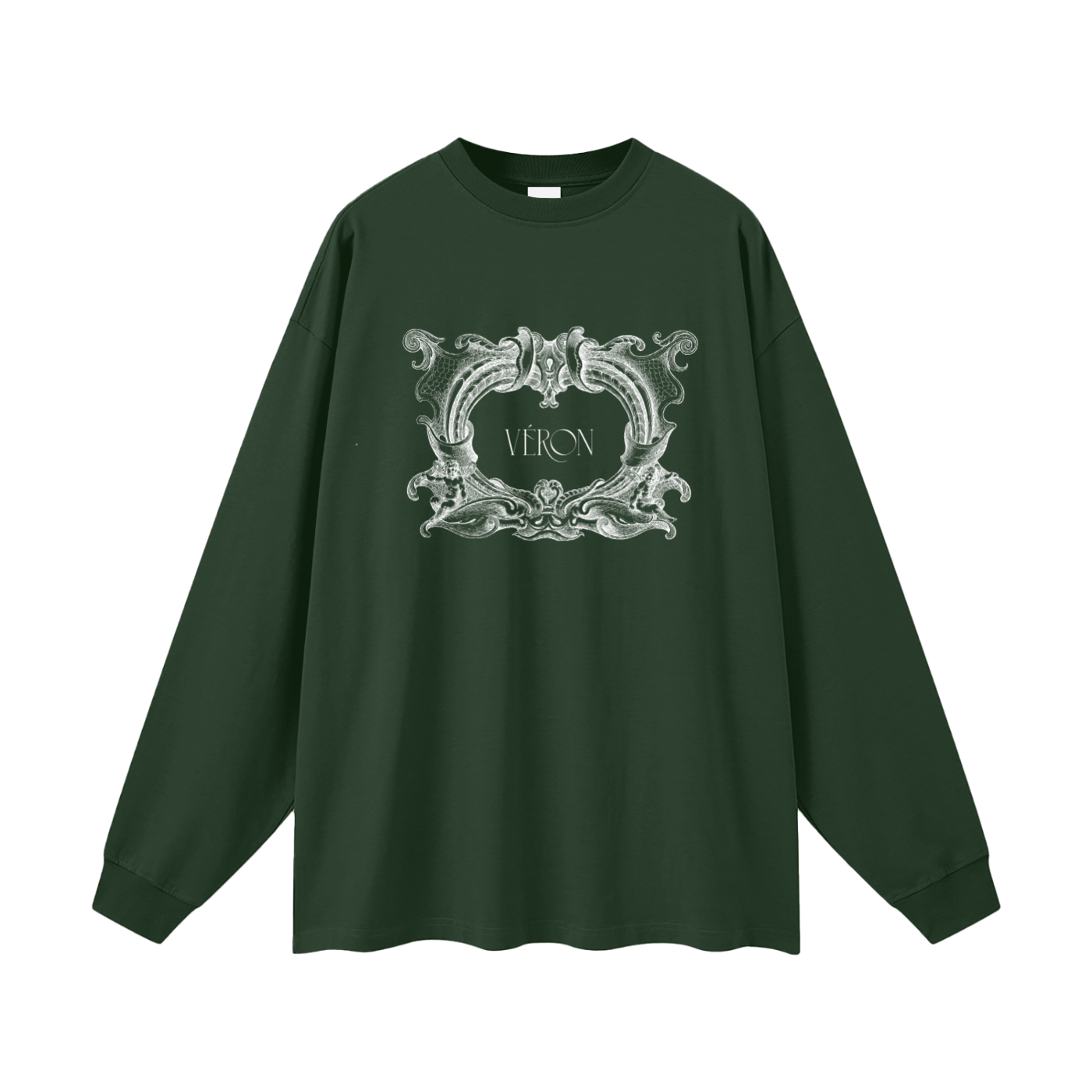 Green long-sleeve shirt with decorative emblem and 'VERON' text on a white background