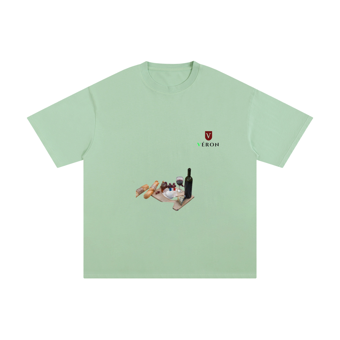 Light green t-shirt with a small graphic on a white background