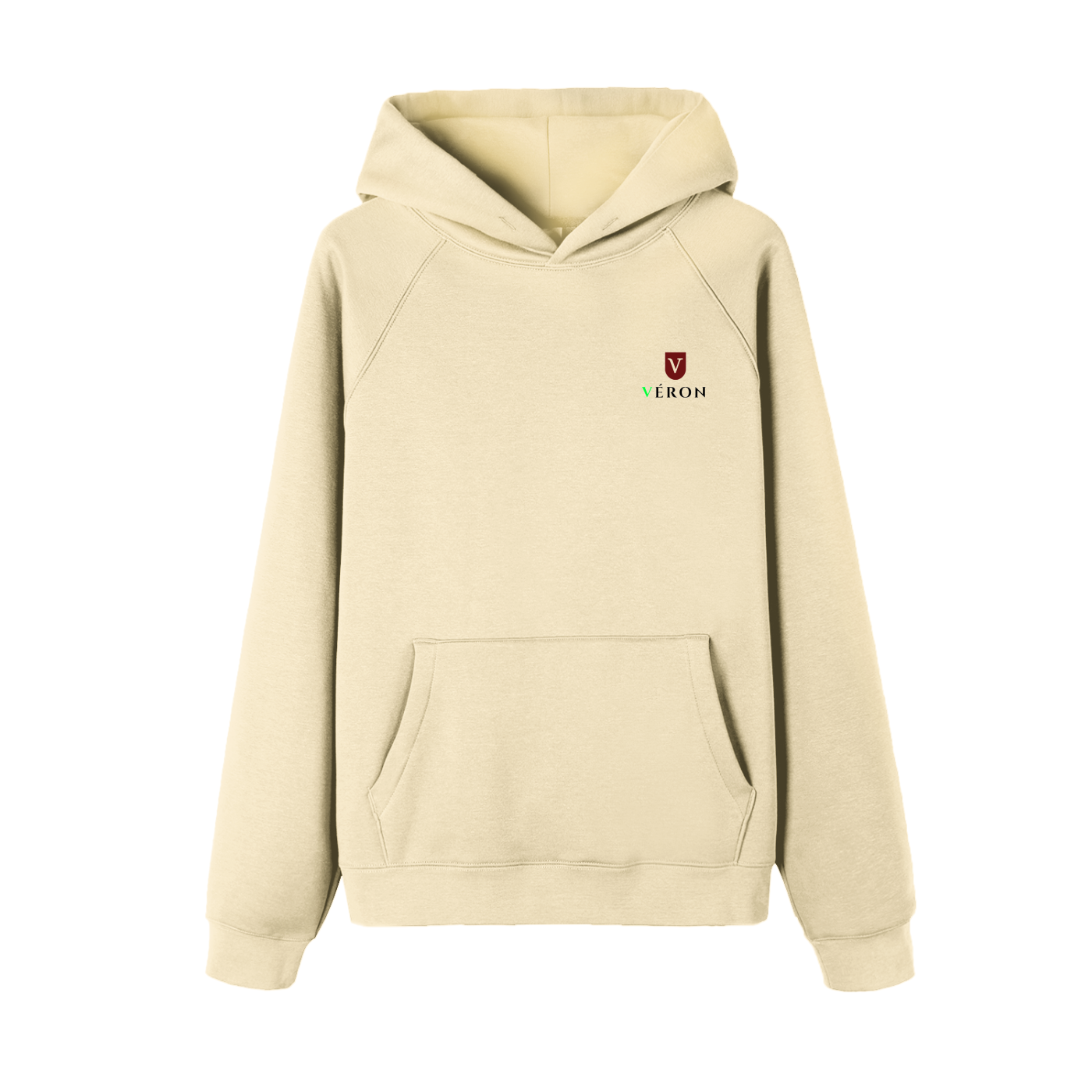 VERON Beige hoodie with a logo on the chest against a white background 1