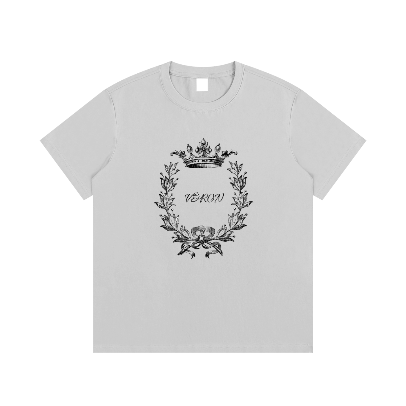 Gray t-shirt with black floral and crown design on a white background
