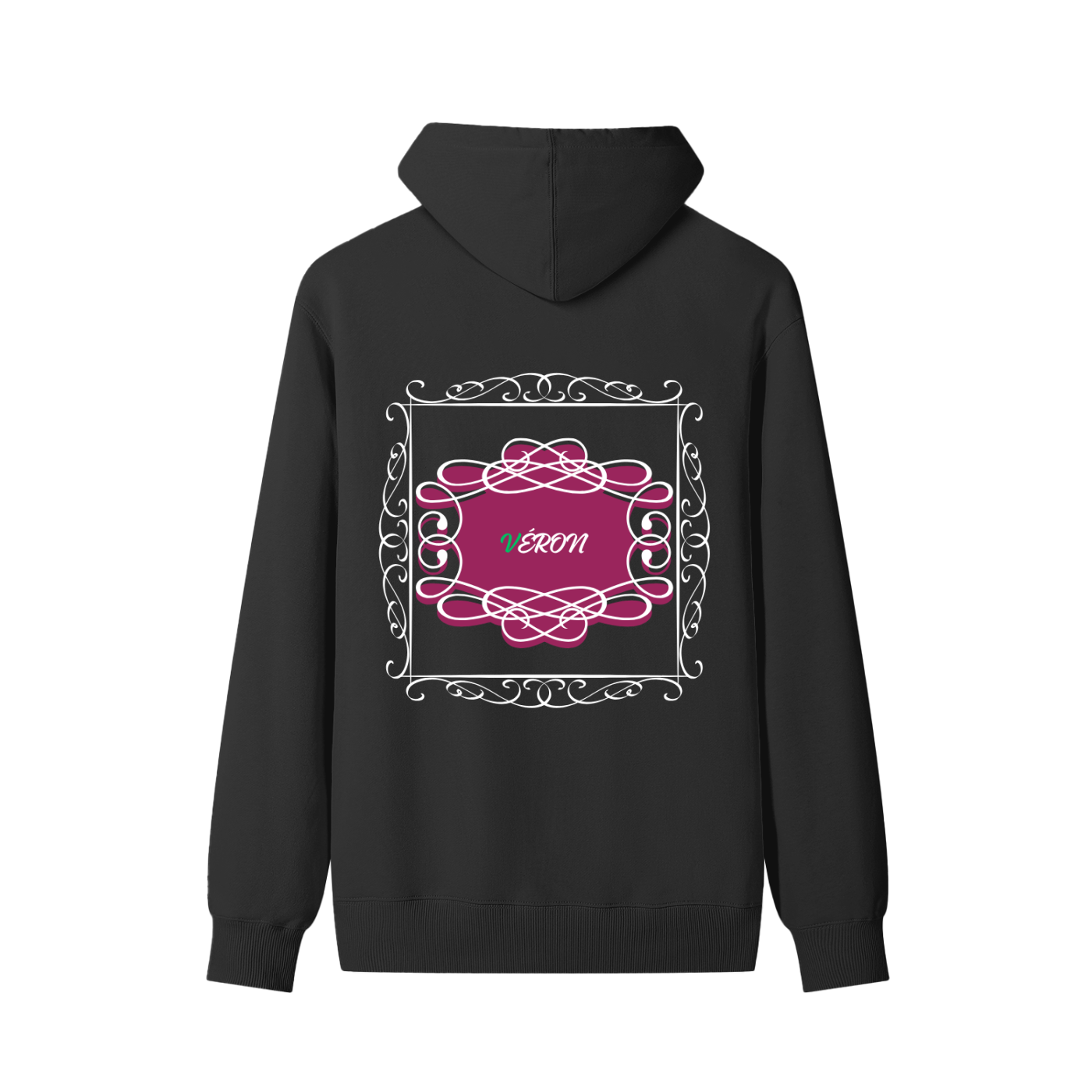 VERON Black hoodie with a pink and white design on the back against a white background