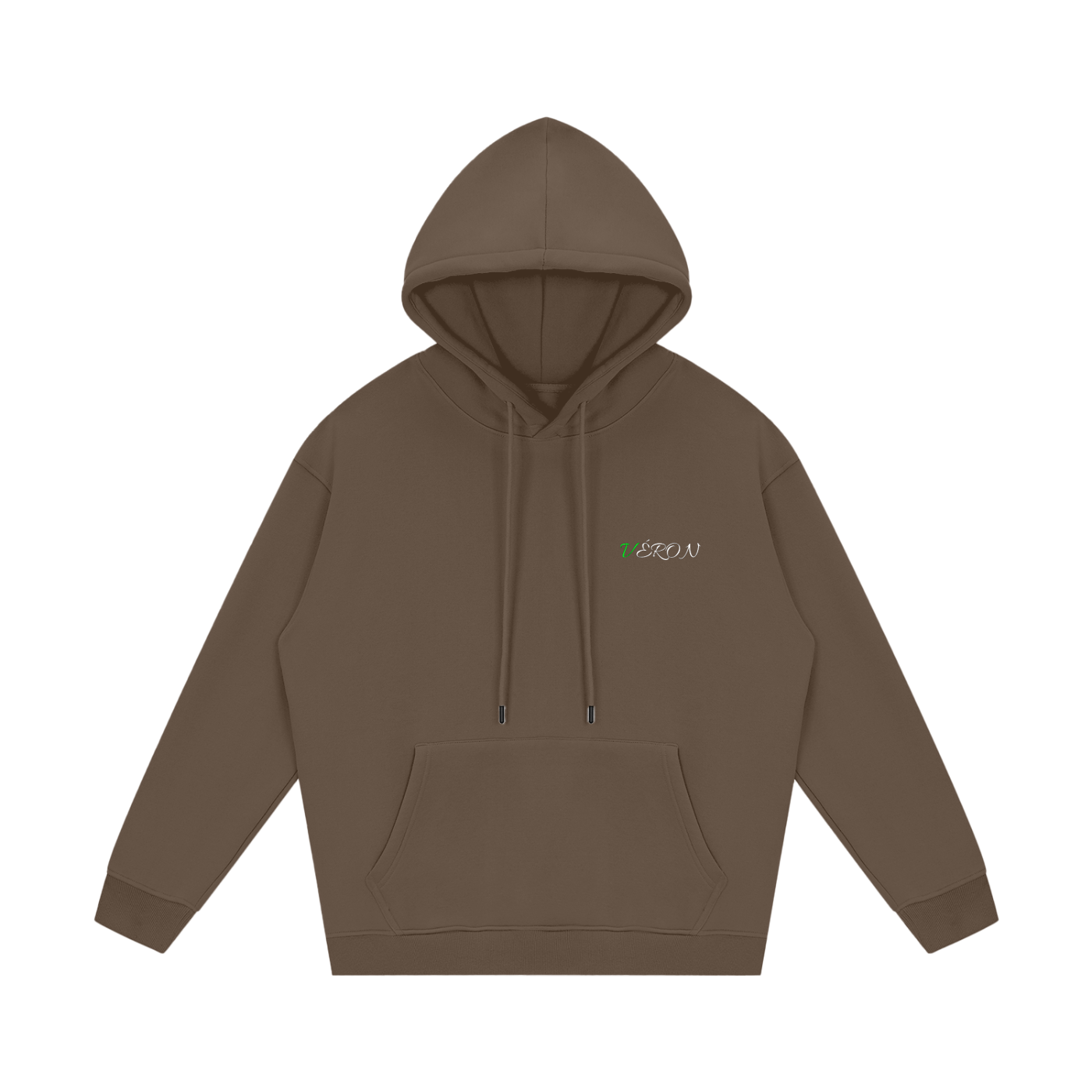 Brown hoodie with a logo on the chest against a white background