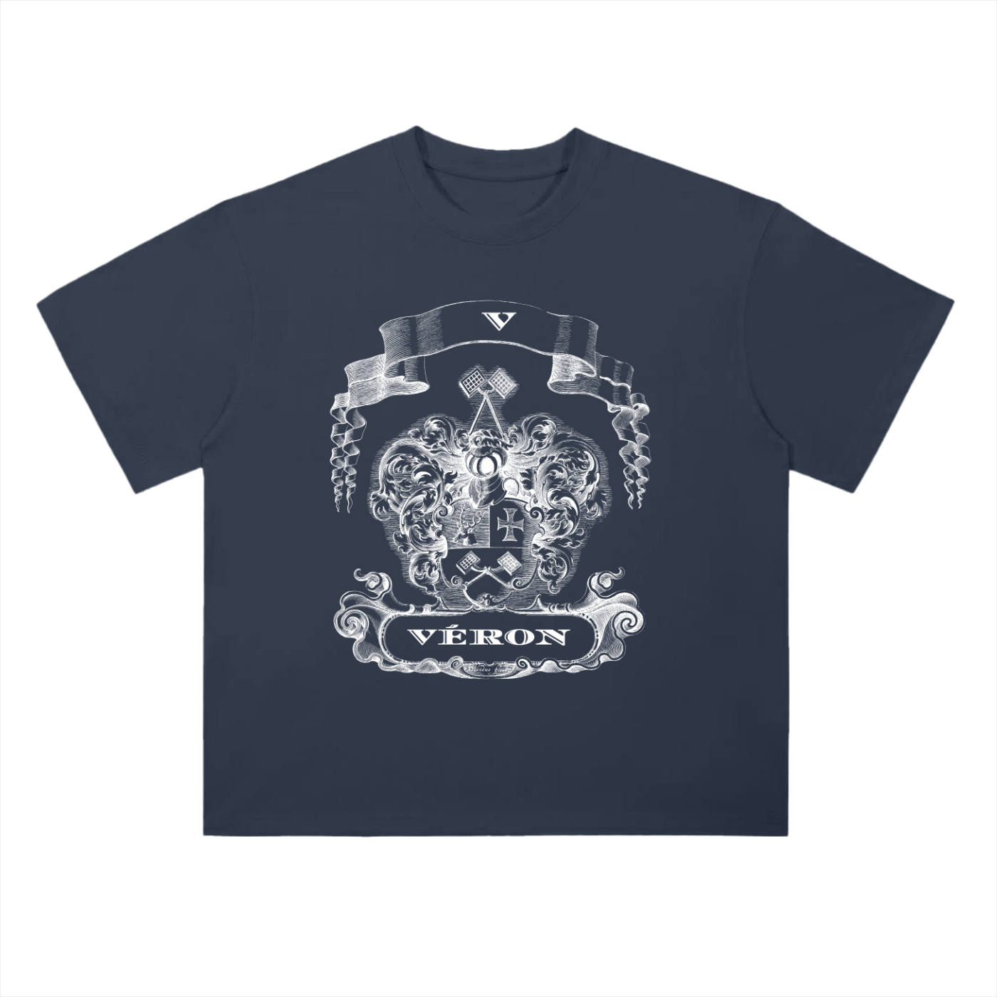 Navy blue t-shirt with white graphic design and 'Véron' text on a white background