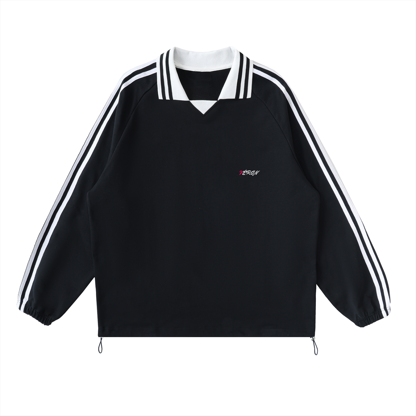 VERON Black sweatshirt with white stripes on sleeves and collar on a white background