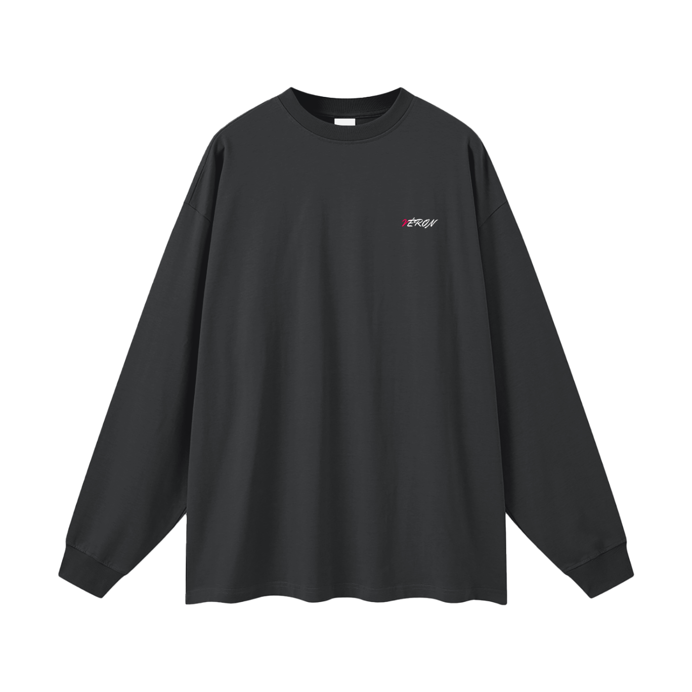 Black long-sleeve shirt with a small logo on a white background.