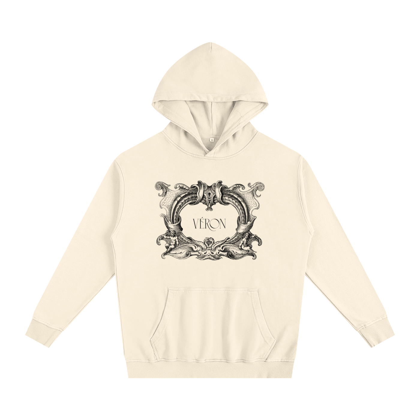 Beige hoodie with decorative emblem and 'VERON' text on a white background