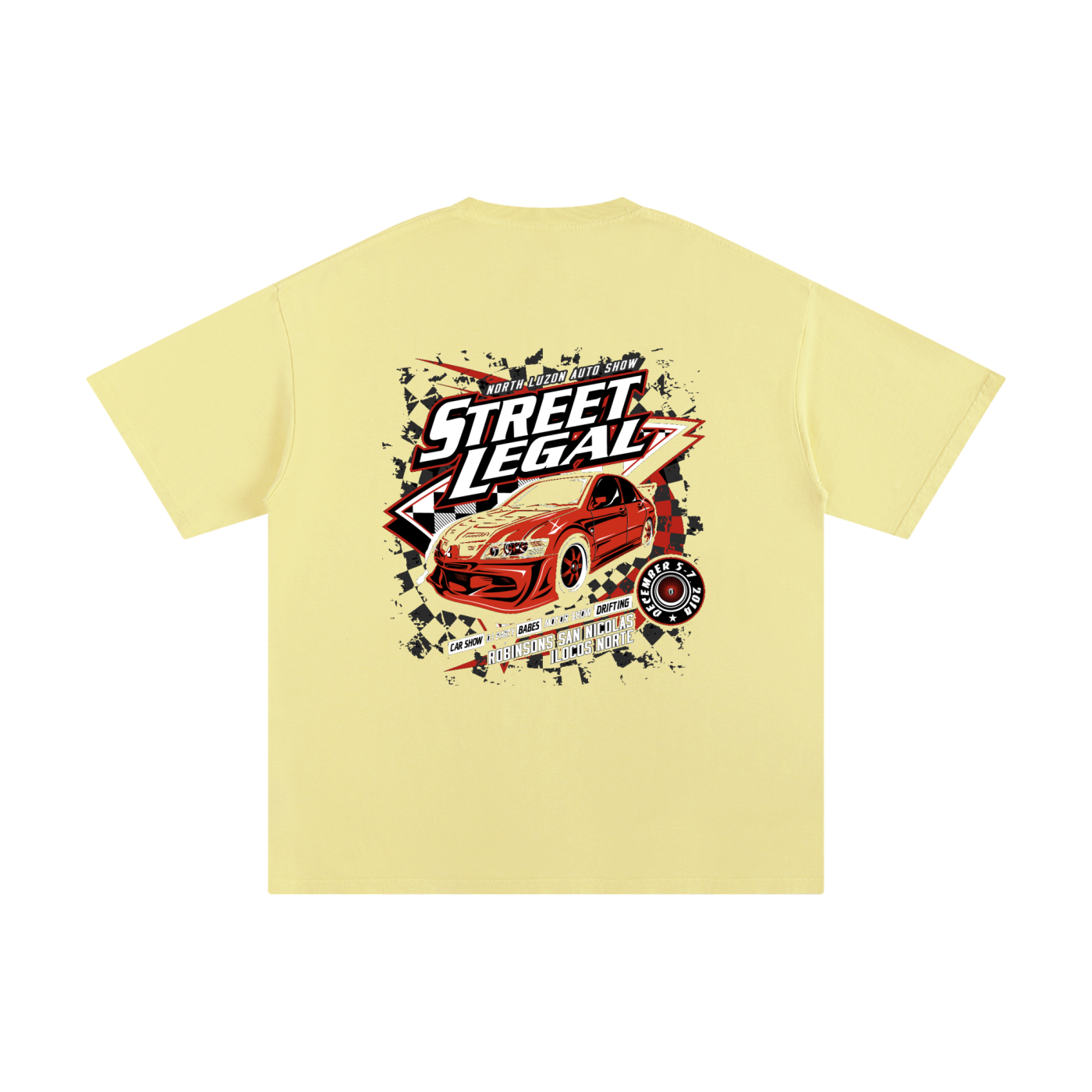 Yellow t-shirt with 'Street Legal' graphic design featuring a red car on a white background