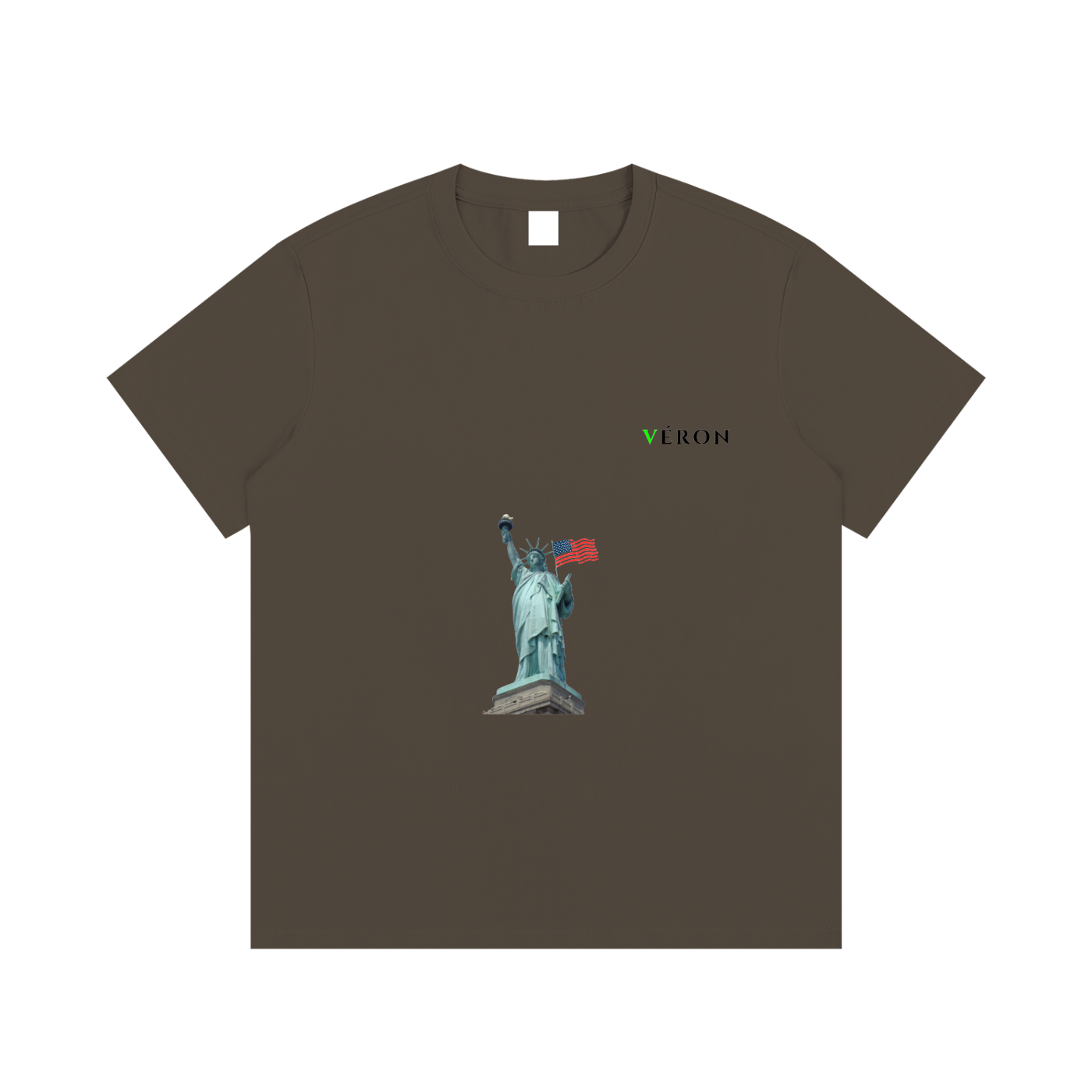 Brown t-shirt with Statue of Liberty graphic and 'VERON' logo on a white background
