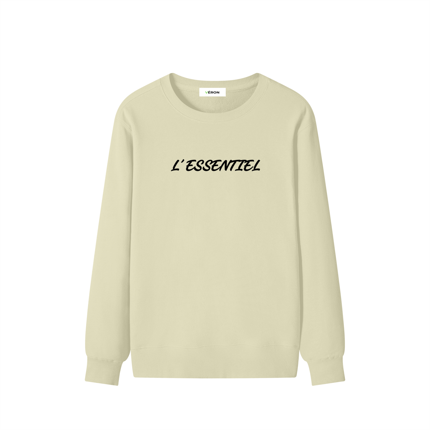 Beige long-sleeve shirt with 'L'ESSENTIEL' text on a white background