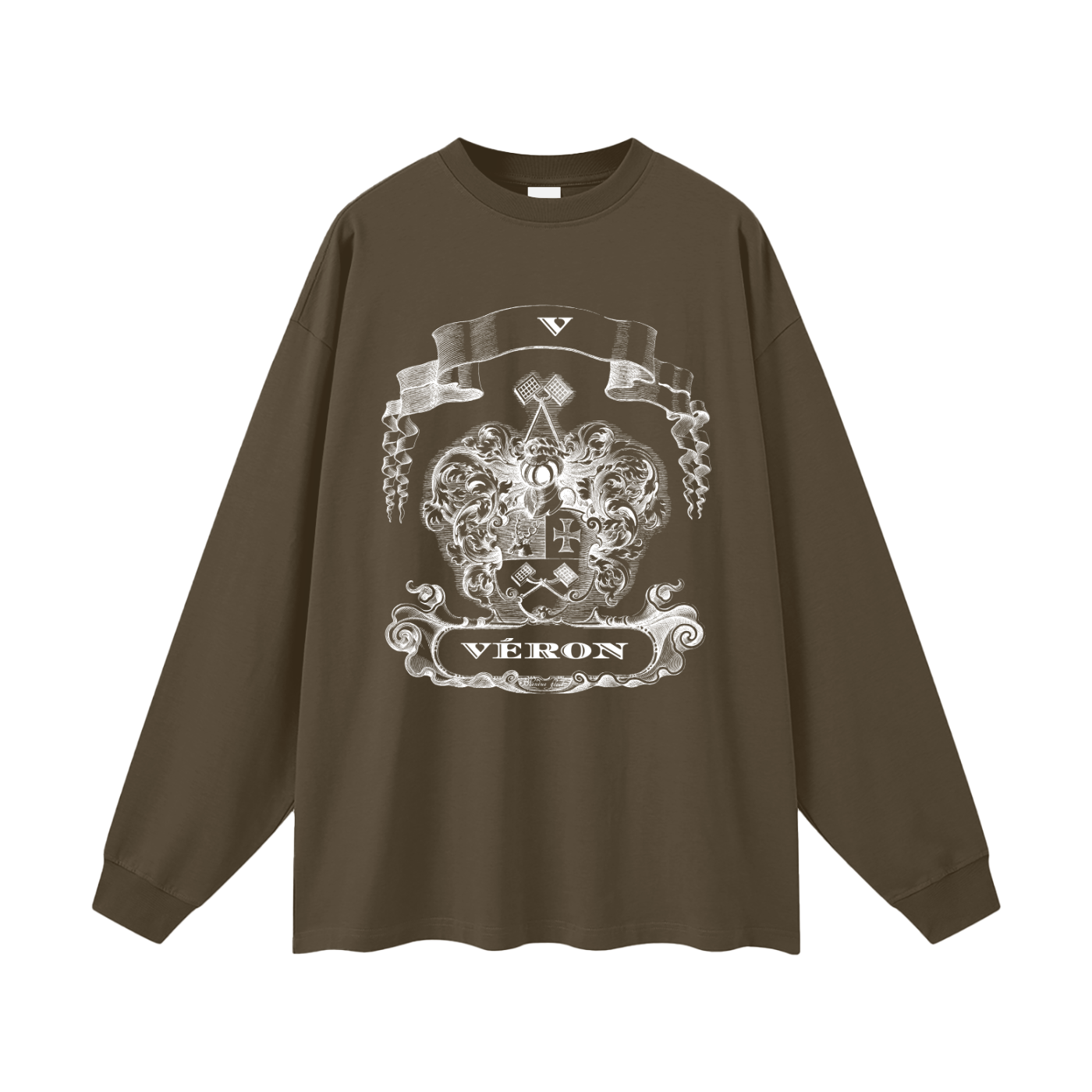 Brown long-sleeve shirt with white graphic design on a white background