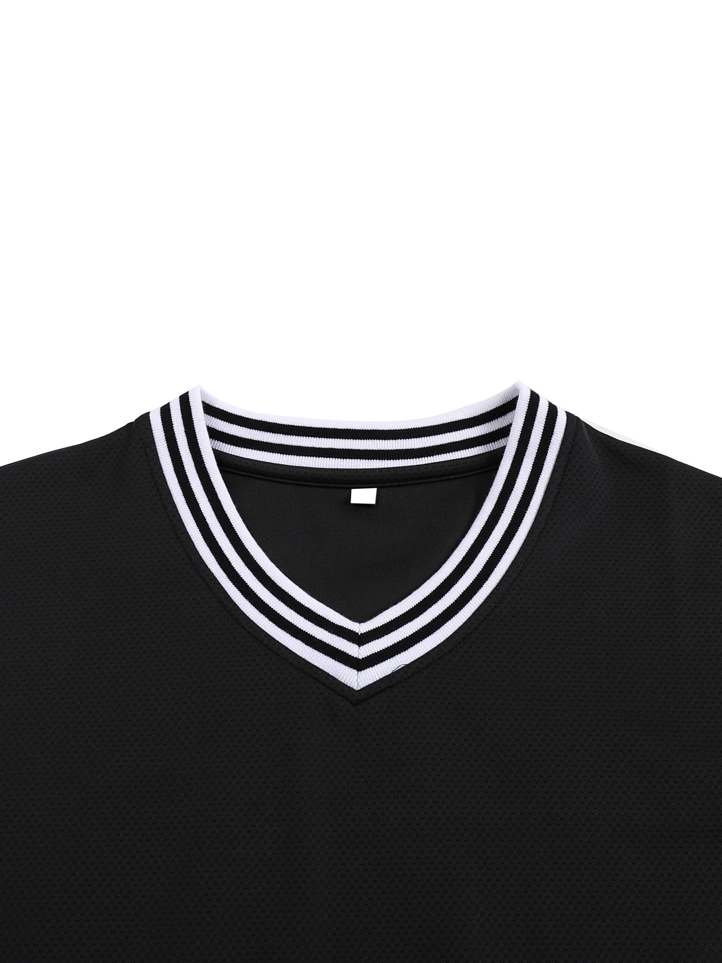 Black Jersey Shirt with a white V-neck collar on a white background