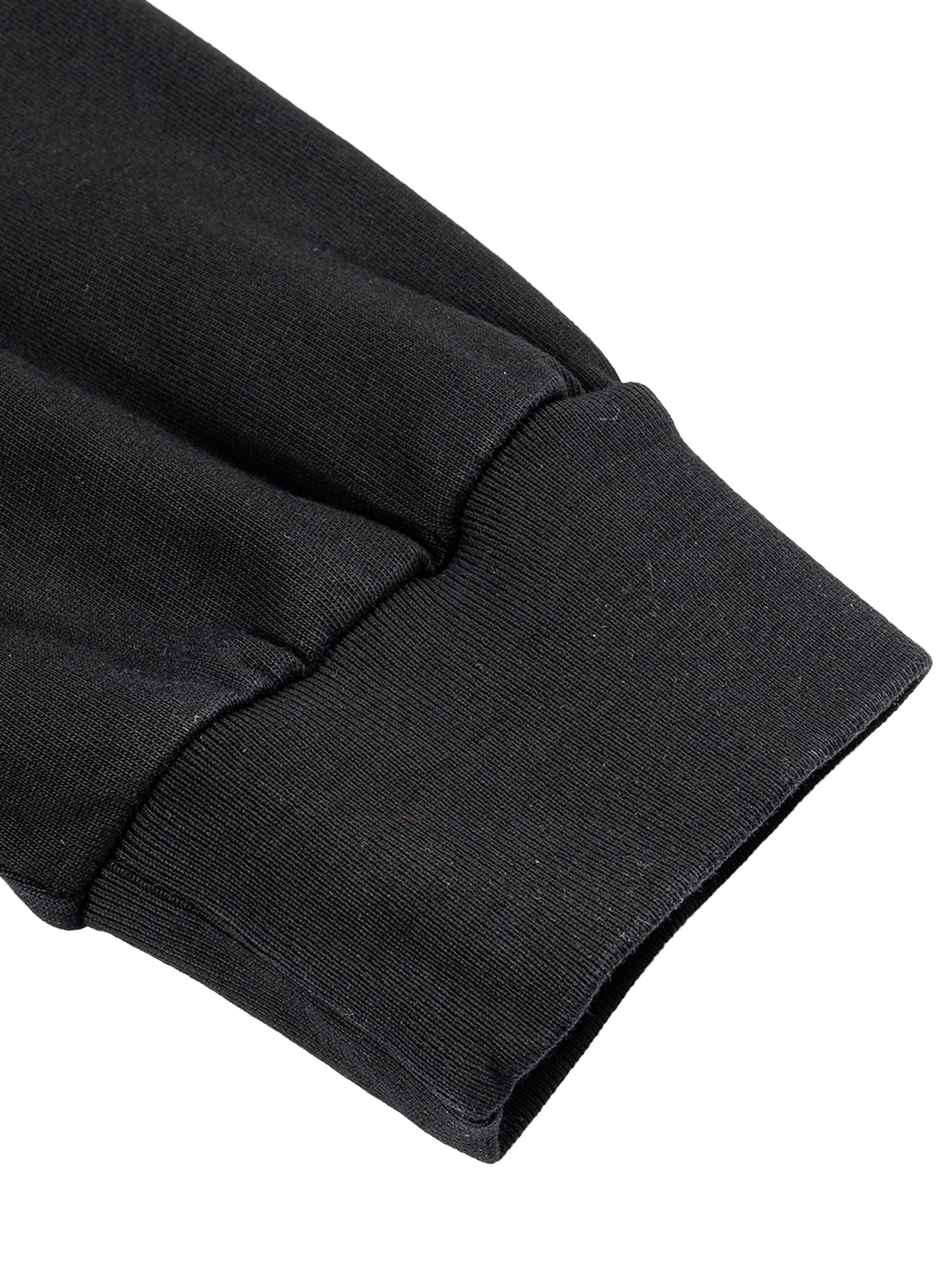 Close-up of a black sweatshirt sleeve on a white background