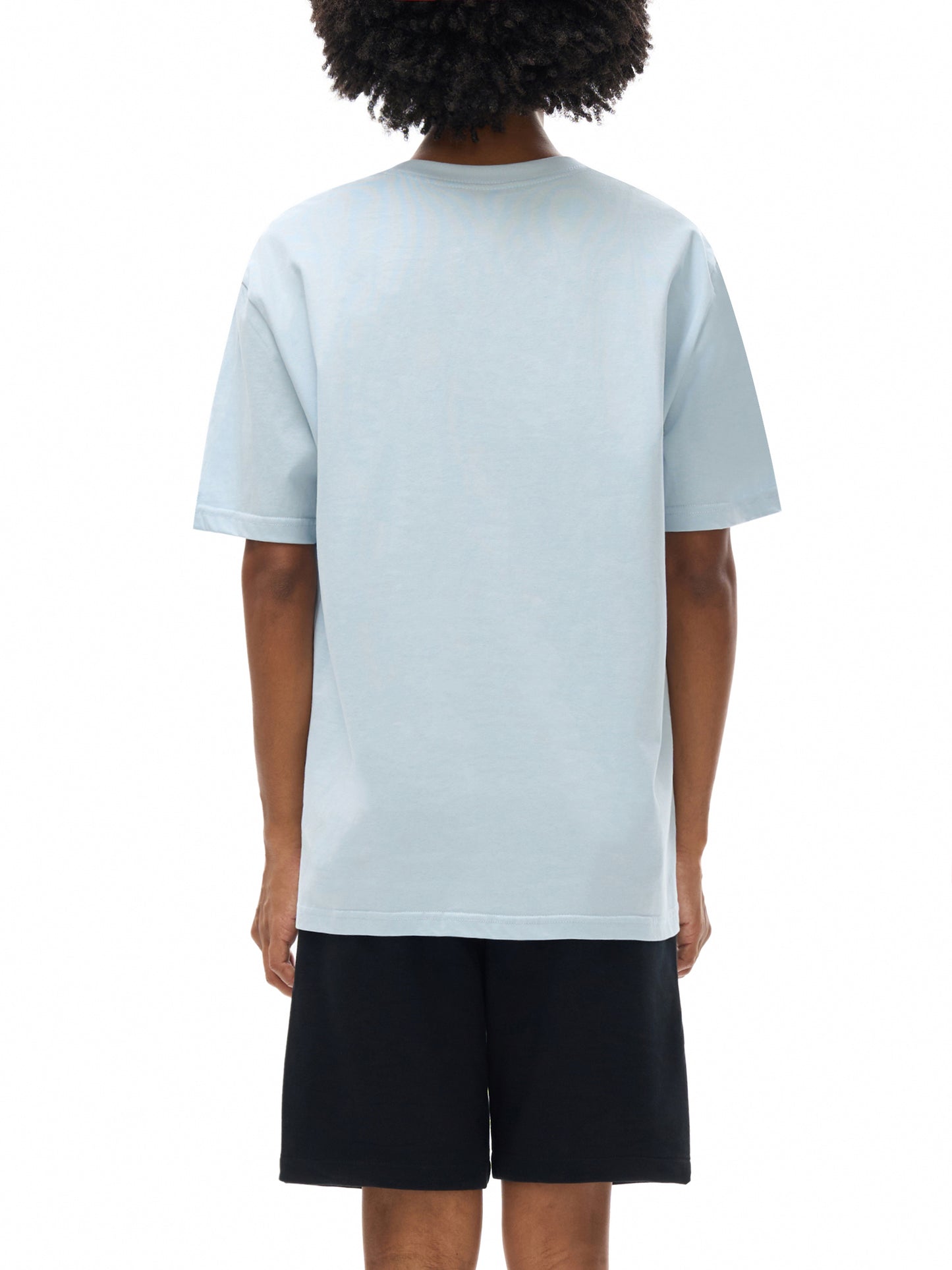 Person wearing a light blue t-shirt and black shorts on a white background