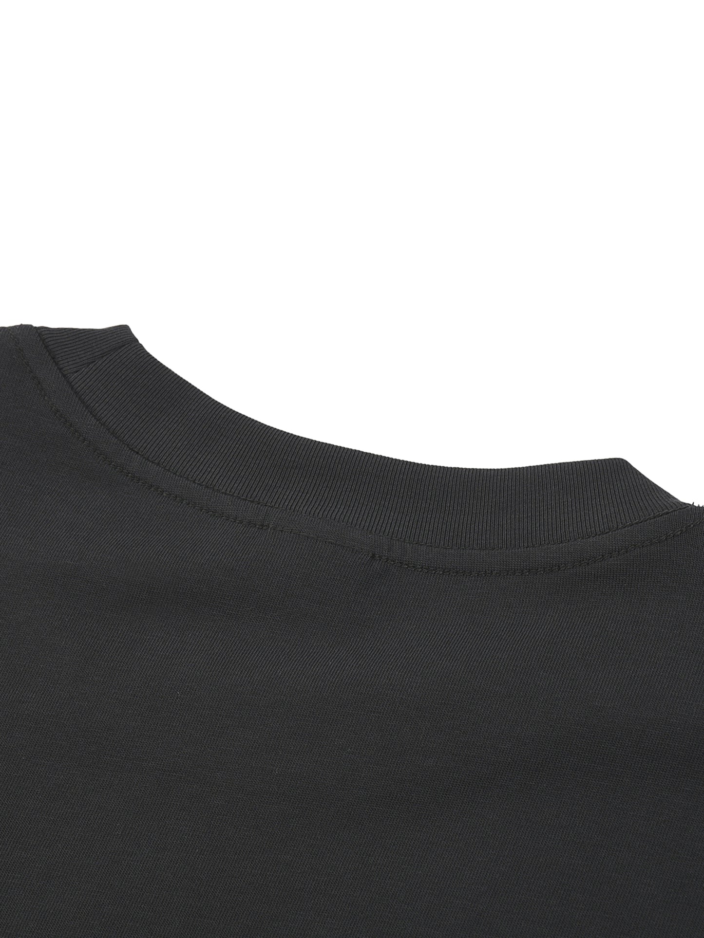 Close-up of a black t-shirt collar on a white background.
