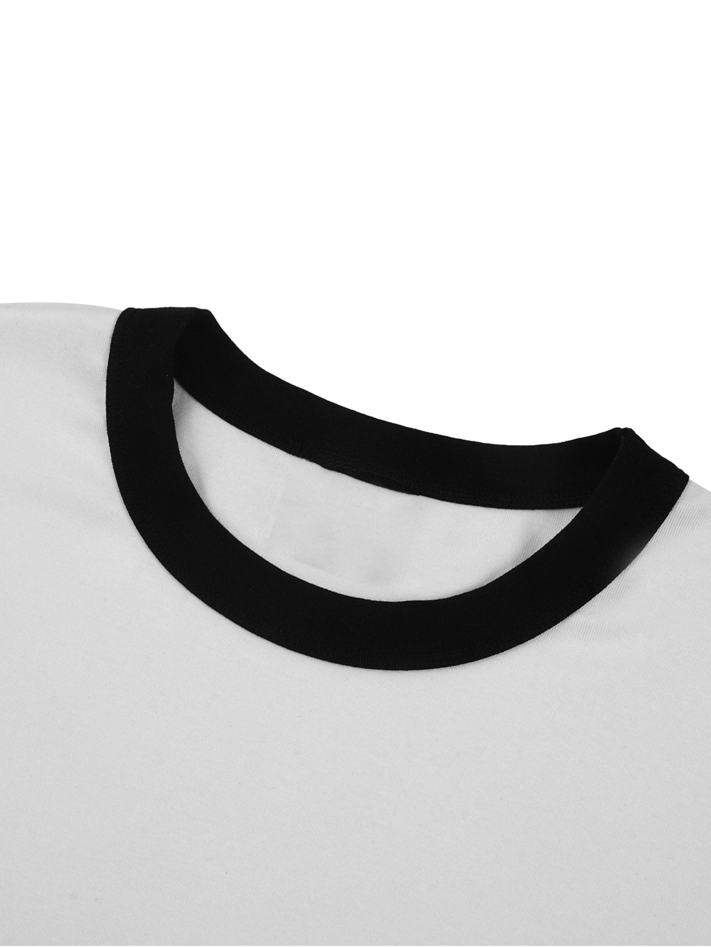Close-up of a white shirt with black trim on a white background