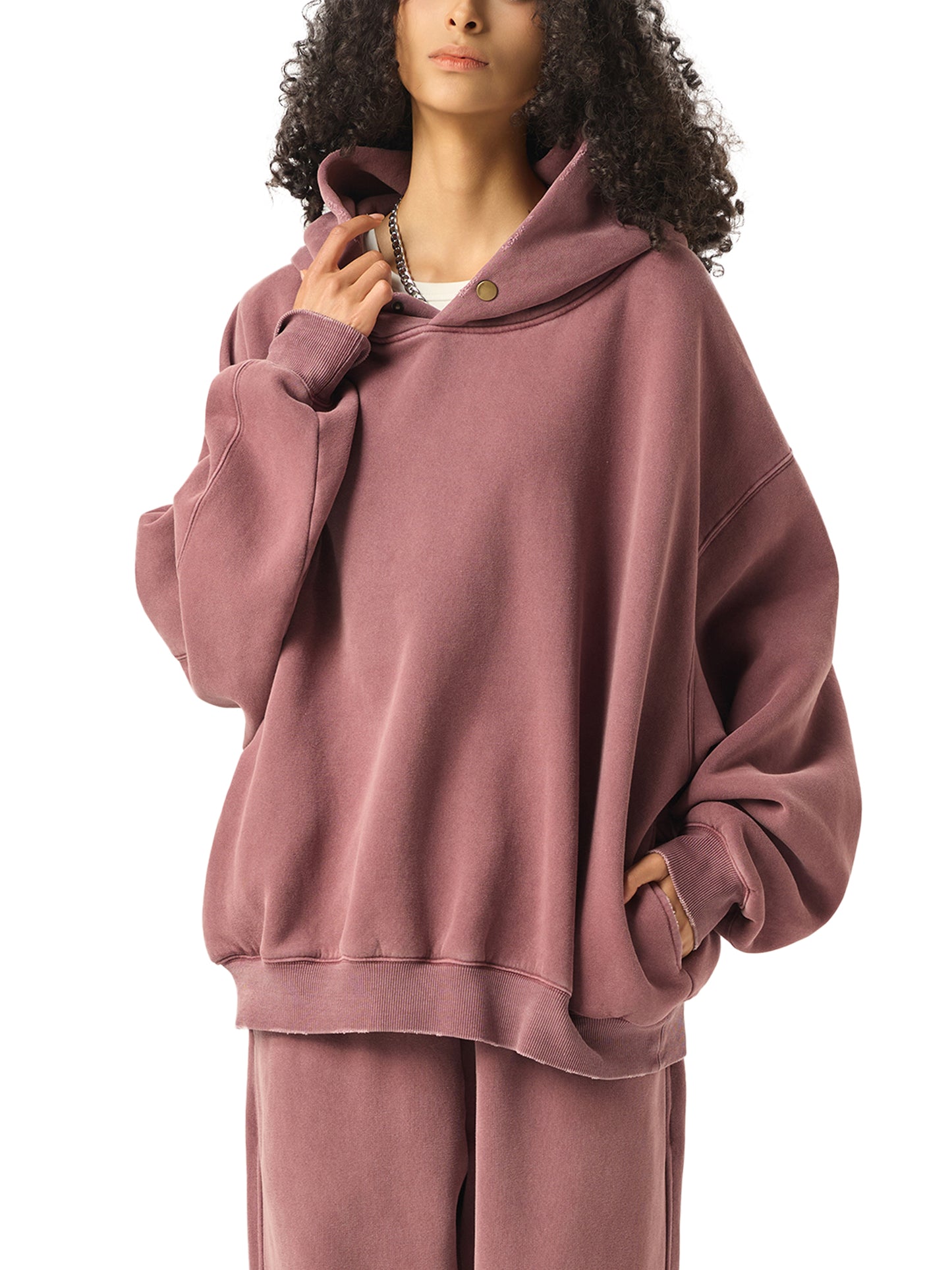 Model wearing VERON Maroon hoodie