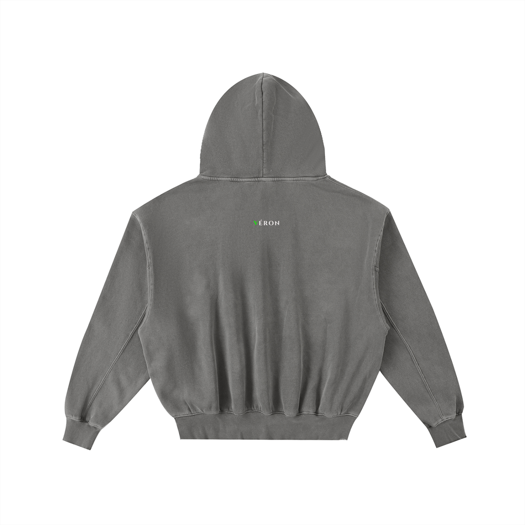 Gray hoodie with a brand logo on the back against a white background