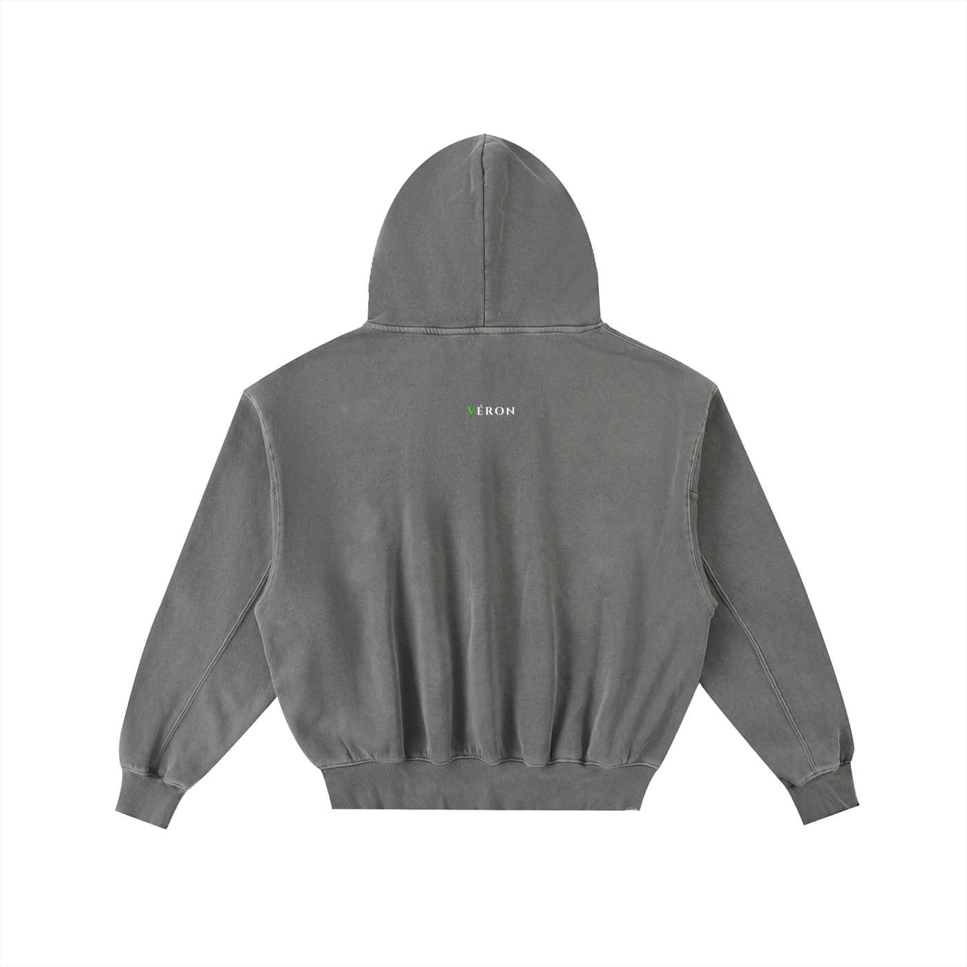 Gray hoodie with a brand logo on the back against a white background