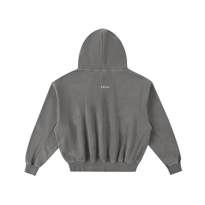 Gray hoodie with a brand logo on the back against a white background