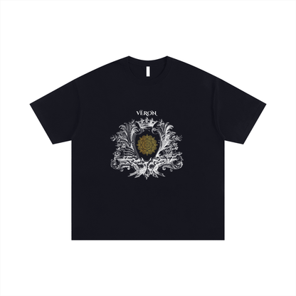 Black t-shirt with decorative emblem and 'VERON' branding on a white background