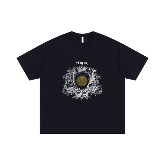 Black t-shirt with decorative emblem and 'VERON' branding on a white background