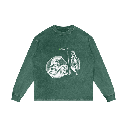 Green long-sleeve shirt with graphic design on a white background