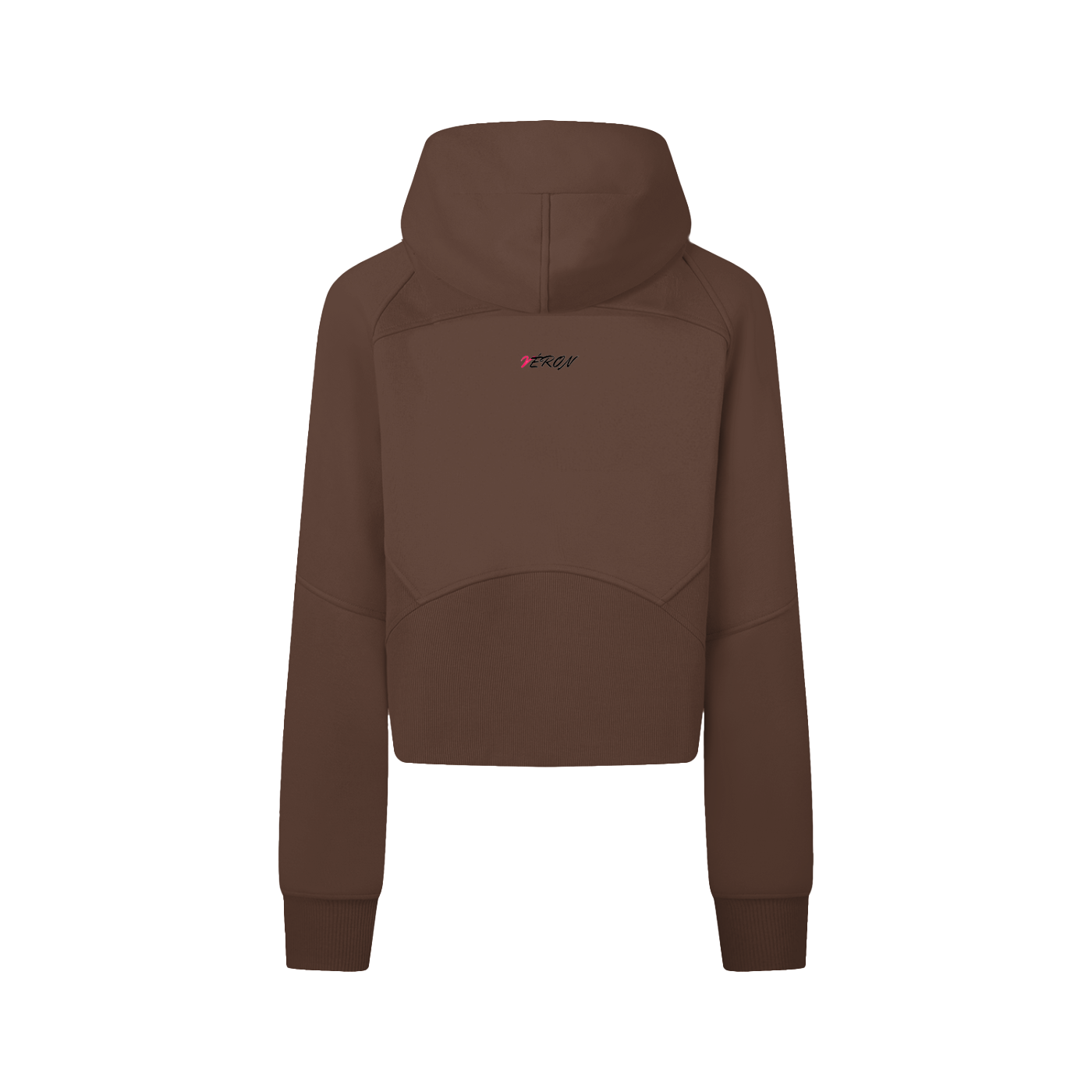 Brown hoodie with a brand logo on the back against a white background